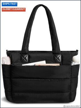 Quilted Puffer Tote Bag Lightweight Work Travel Handbag with Multiple Pockets